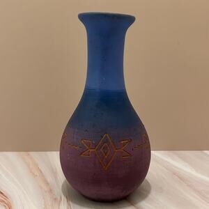 Vintage Sioux Native American Pottery Vase — Blue & Plum with Hand-Incised Band